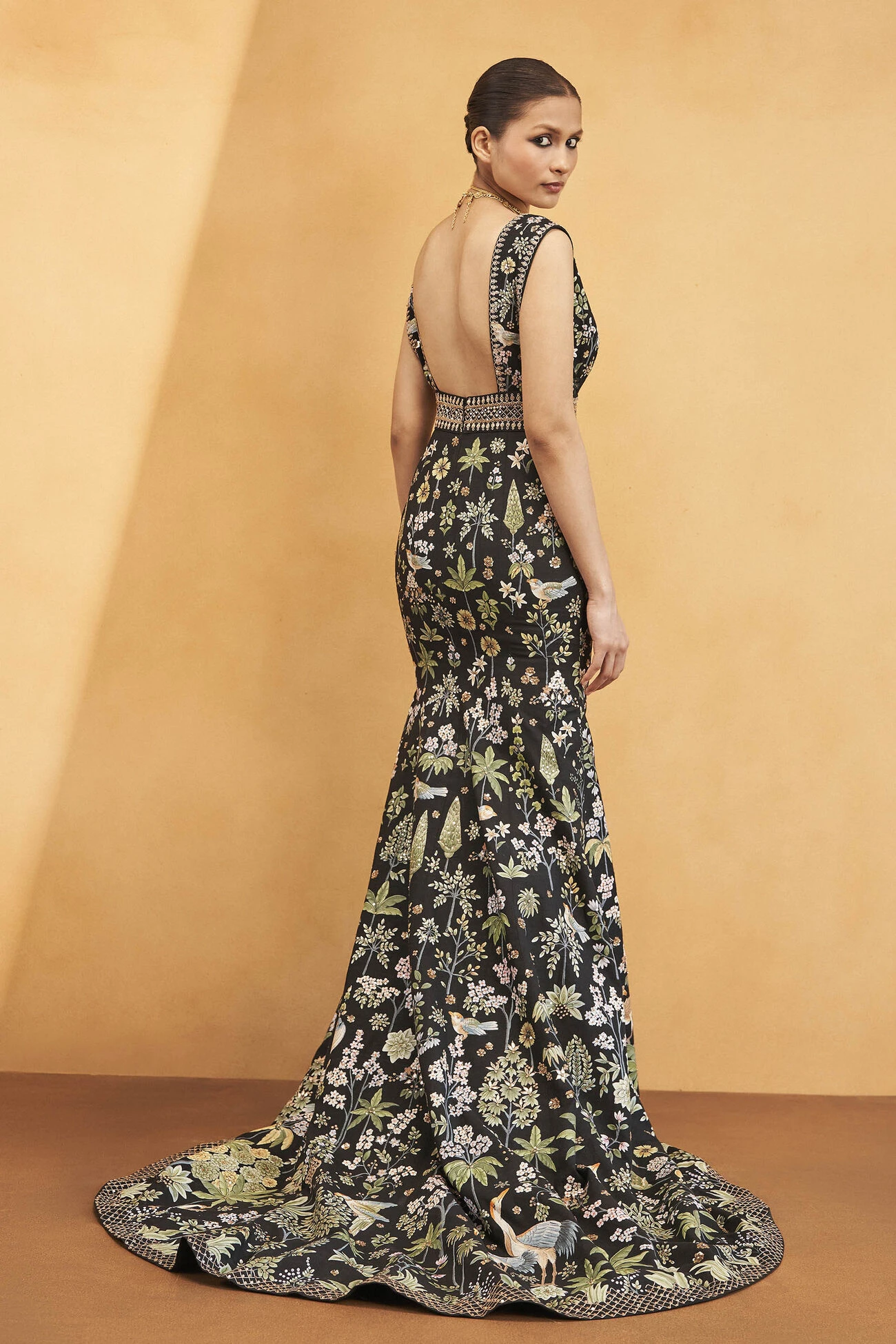 Magic Of The Evergreen Forest Pichhwai Gown - Black 7 Magic Of The Evergreen Forest Pichhwai Gown - Black - Image 5