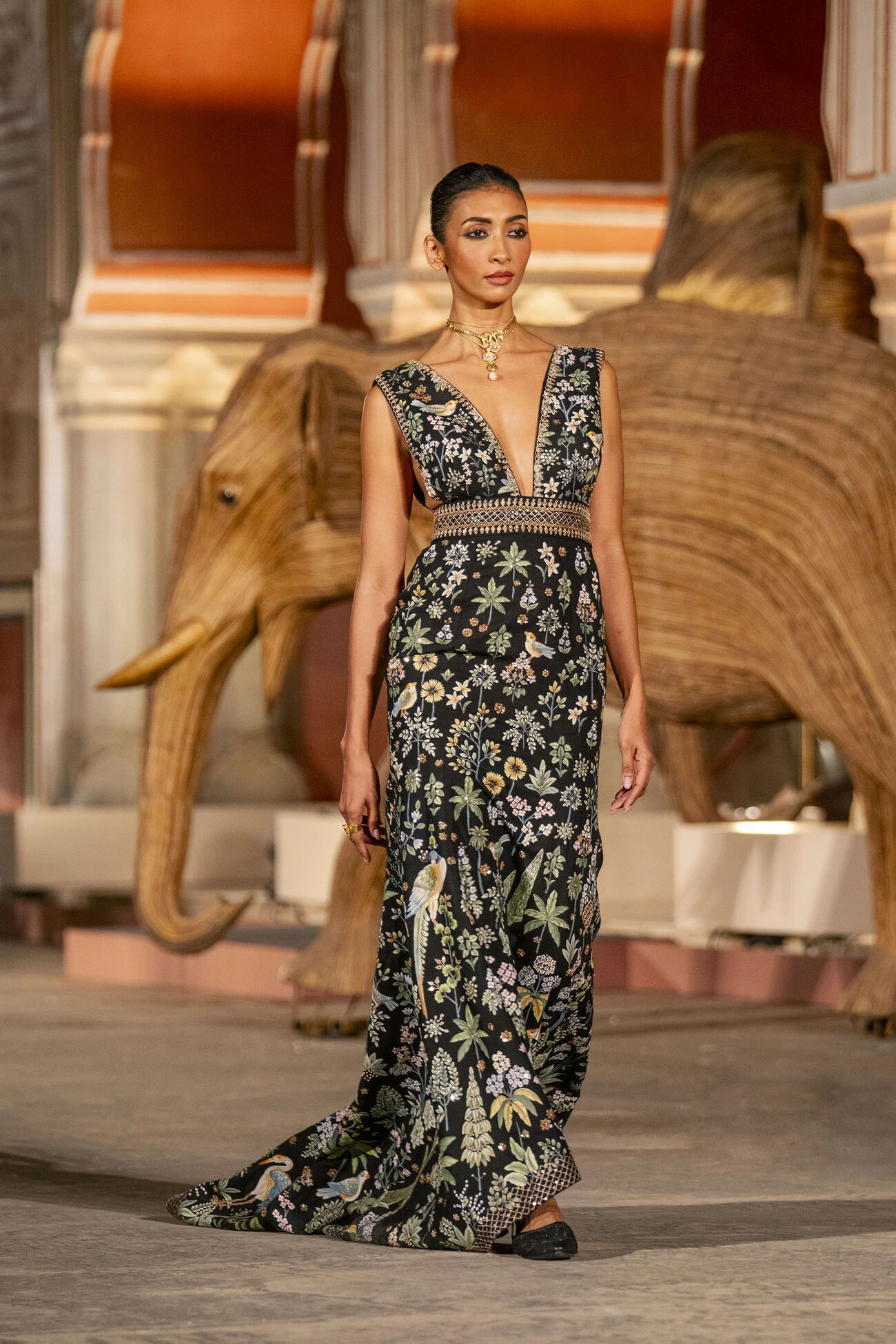 Magic Of The Evergreen Forest Pichhwai Gown - Black 4 Magic Of The Evergreen Forest Pichhwai Gown - Black - Image 2