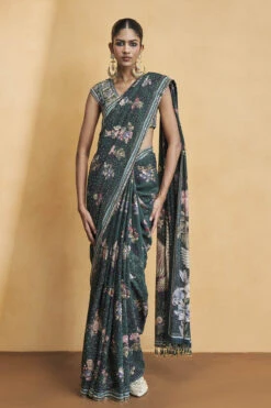 Flamingos In Flight Saree - Green