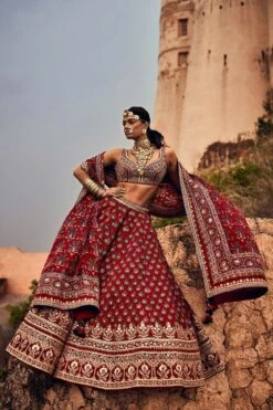 Laukya Ajarakh Lehenga Set- Red